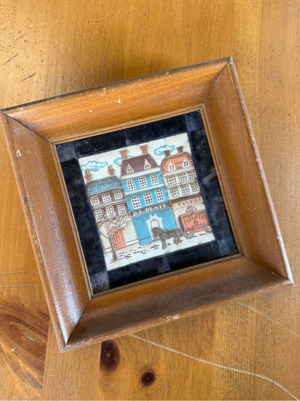 Vintage Framed Textile Folk Art European Village Tavern Inn Wood Wall Art Cottag - Picture 2 of 8